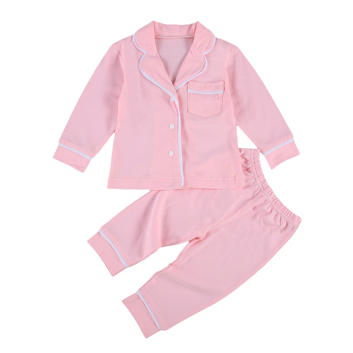 2- delige pyjamaset voor peuters, meisjes, jongens, lange mouwen, revers, knopen, overhemd, top en broek, katoenen casual, huiskleding, nachtkleding, nachtkleding: Roze / 6t