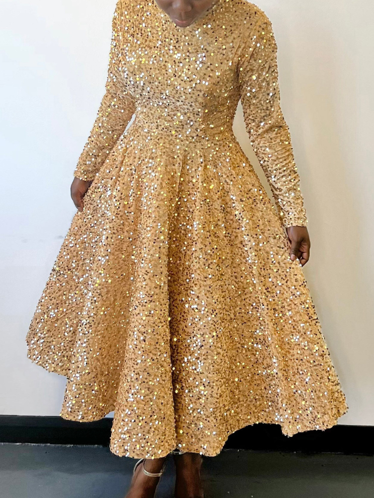 Vestido plisado de terciopelo con lentejuelas para mujer, traje Vintage de manga larga con purpurina para de Navidad y eventos de cumpleaños, novedad de invierno, 2024: XL / Beige