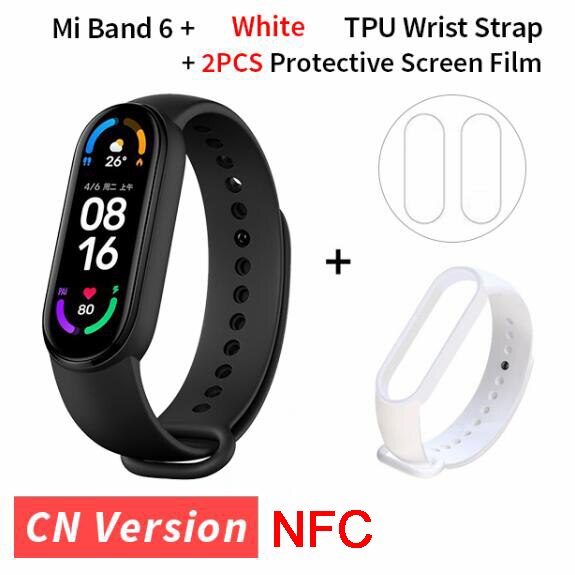 Xiaomi-pulsera inteligente Mi Band 6, accesorio deportivo resistente al agua hasta 5atm, con Pantalla AMOLED de 1,56 pulgadas, control del ritmo cardíaco, Bluetooth y NFC: white strap film