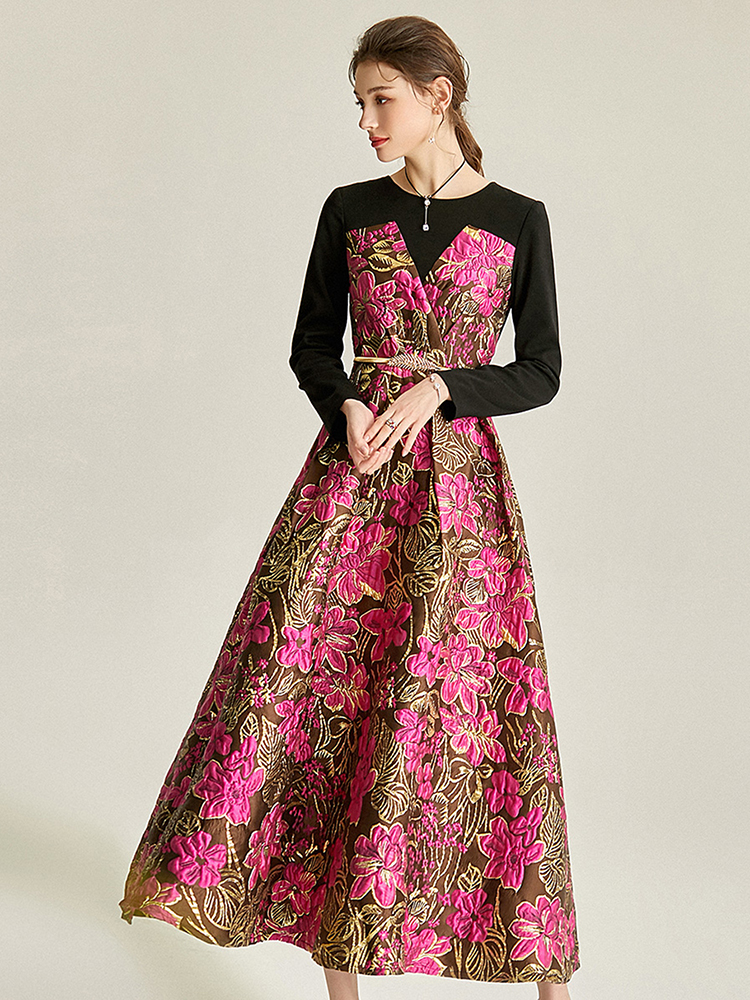 DEVCHATA Vintage Dames Jacquard Jurk Elegante Avondjurken Gesplitst ​ ​ Lente herfst bloemen bal lange jurk