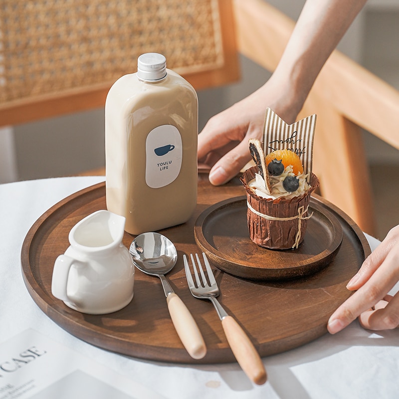 MUZITY Round Solid Wood Plate Dessert Dinner Plate Wooden Saucer Tea Tray Whole Acacia Wood Tableware Set