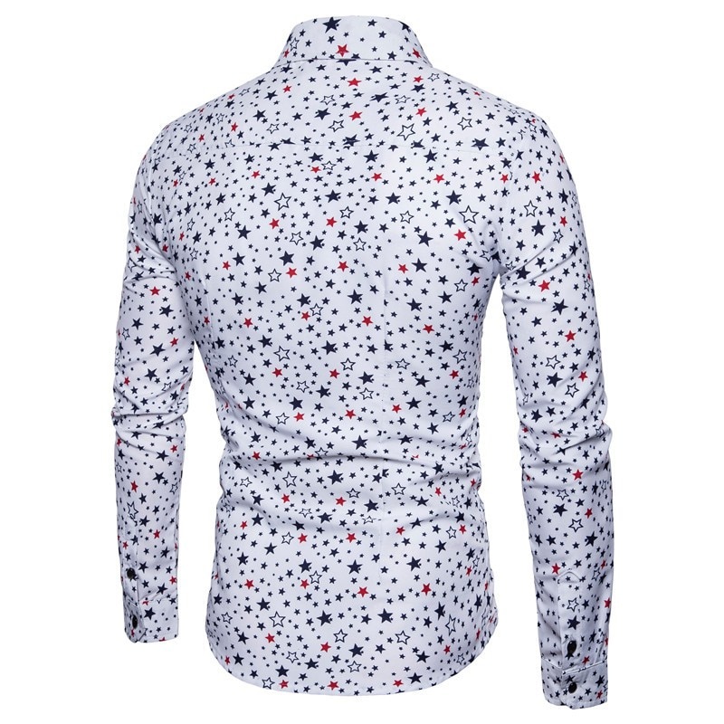 Skjorte med stjerner med print til mænd afslappet herretøj koreansk streetwear langærmede slim fit skjorter hvide top skjorter til mænd  mb14