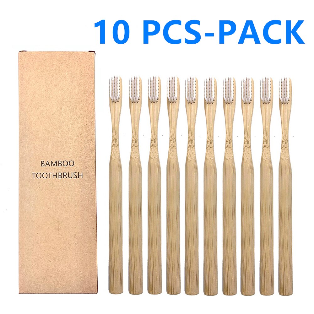 10Pcs Natural Toothbrush Eco-Friendly Rainbow Bamboo Medium Bristle Biodegradable Teeth Brush Solid Bamboo Handle Toothbrush: 10 PCS White Color