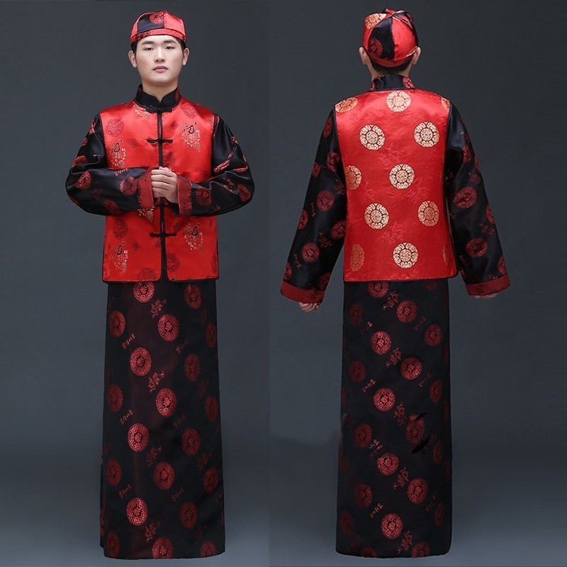 Mens Chinese Traditional Wedding Dress Clothing Set Vest + Robe + Hat Groom Toastmaster Clothing Tang Suit Costume For Men
