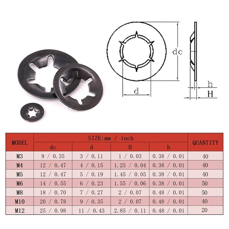 340 st interna tand starlock brickor snabbhastighets låsbrickor tryck på hastighet clips fästelement sortiment kit, svart oxid fini