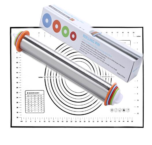 17inch Verstelbare Rvs Deegroller Met Deeg Mat Deeg Roller met 4 Verwijderbare Verstelbare Dikte Ringen