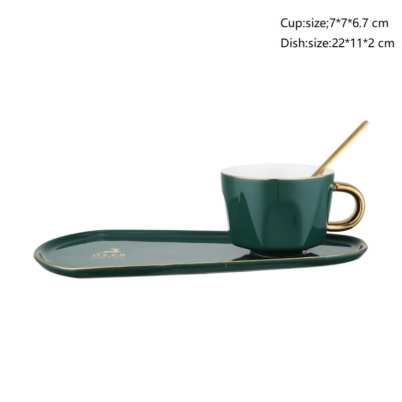 Gold Rand Kaffee Tasse Untertasse Löffel einstellen Keramik Frühstück Milch Tassen Tee Soja Milch Frühstück Becher nordisch Nachtisch Platte Luxus: B-Grün
