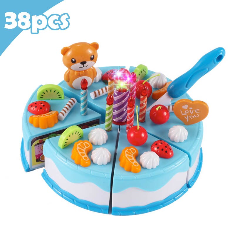 Neueste DIY Pretend Spielen Obst Schneiden Geburtstag Kuchen Küche Lebensmittel Spielzeug Cocina De Juguete Spielzeug Rosa Blau Mädchen für kinder: 38Pcs Blue