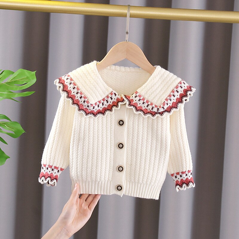 Autumn Winter Girls Knitting Cardigans Coat Kids Long Sleeve Peter Pan Collar Warm Sweater 3Color 0-5Y