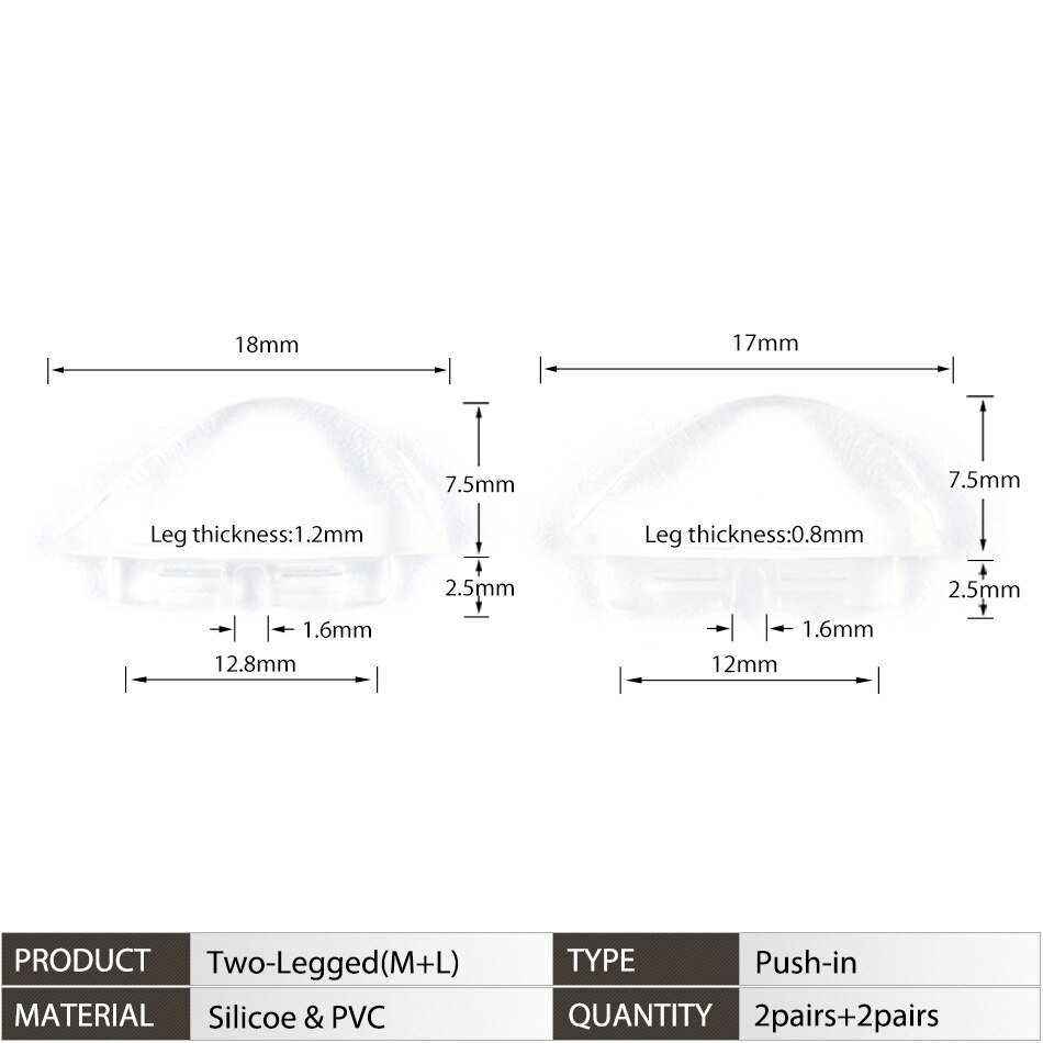 Push-in Glasses Nose Pads Soft Silicone Eyeglasses Nose Piece Anti-Slip Snap-in Nose Bridge Pads for Eye Glasses Sunglasses: ML Two-legged(Trans)