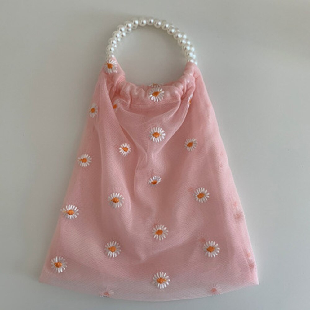 Nueva bolsa de tela transparente para mujer, bolsa para compras cómoda con pequeñas margaritas y apliques de malla, bolsa de tela bordada, bolsa ecológica: light pink