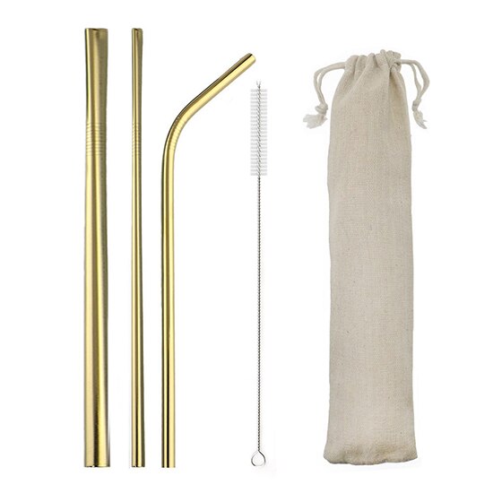 Konco Metal Straws Stainless steel reusable Straw Tea Coffee drinking Straws with clean brush Portable straw bags: gloden