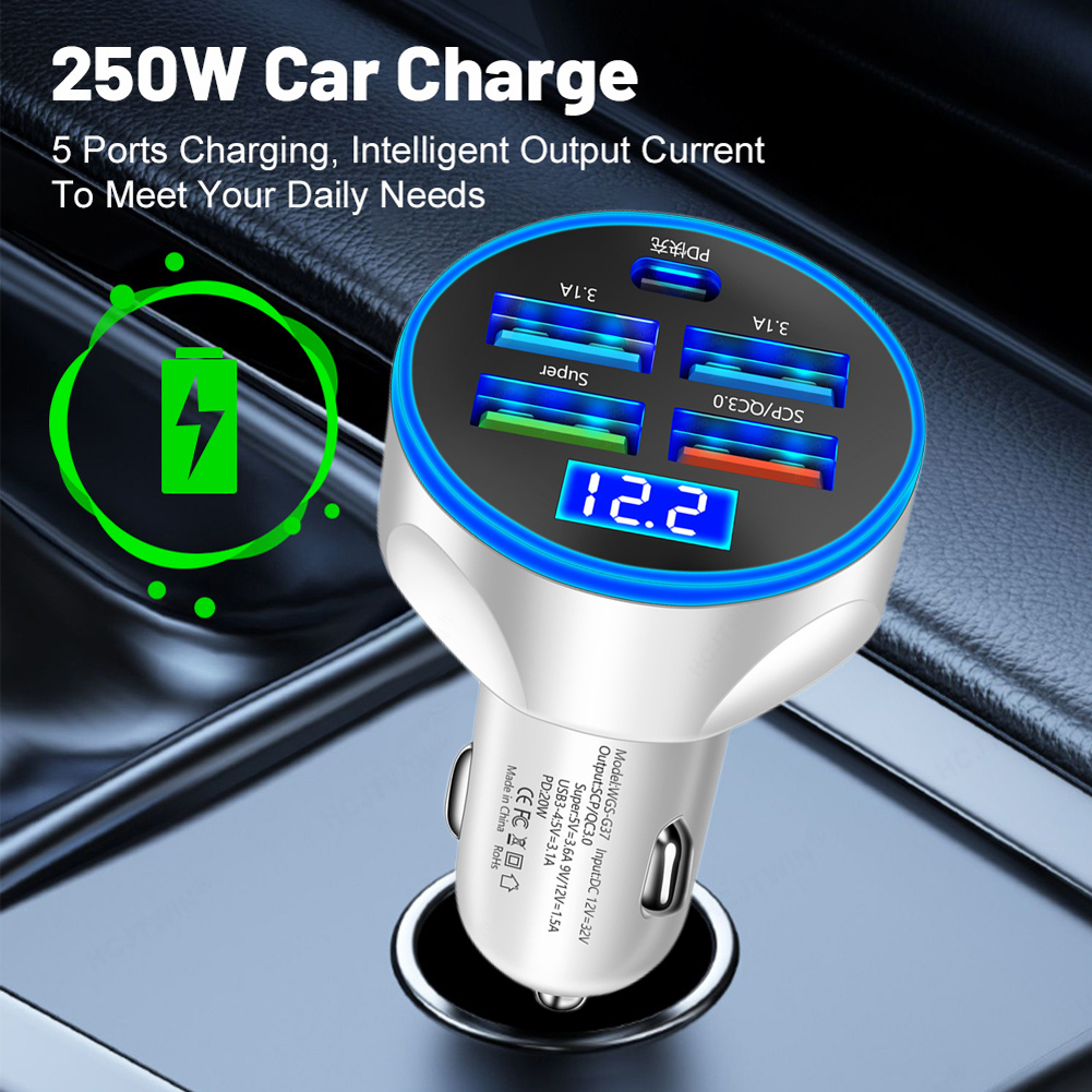 5 Ports USB Car Charge 250W Quick 3.1A Mini Fast Charging For iPhone 15 14 13 Xiaomi Huawei Mobile Phone Charger Adapter in Car