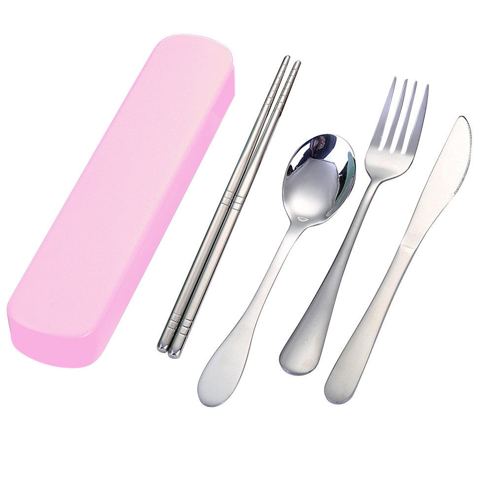 30 #4 Stuks Herbruikbare Bestek Draagbare Servies Set Eetstokjes Vork Lepel Bestek Set Camping Reizen Zilverwerk Set Couverts Tafel: Pink 