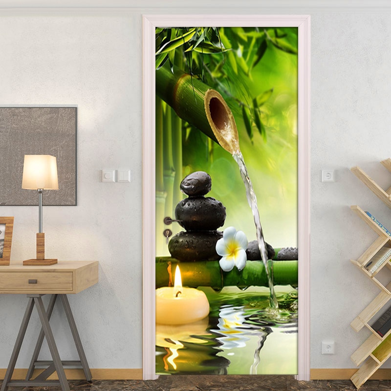 Pegatinas de puerta de paisaje de bambú verde 3D DIY, autoadhesivo de PVC, Mural de puerta de sala de estar, pegatina de pared, póster, papel tapiz fotográfico: 95x215 cm