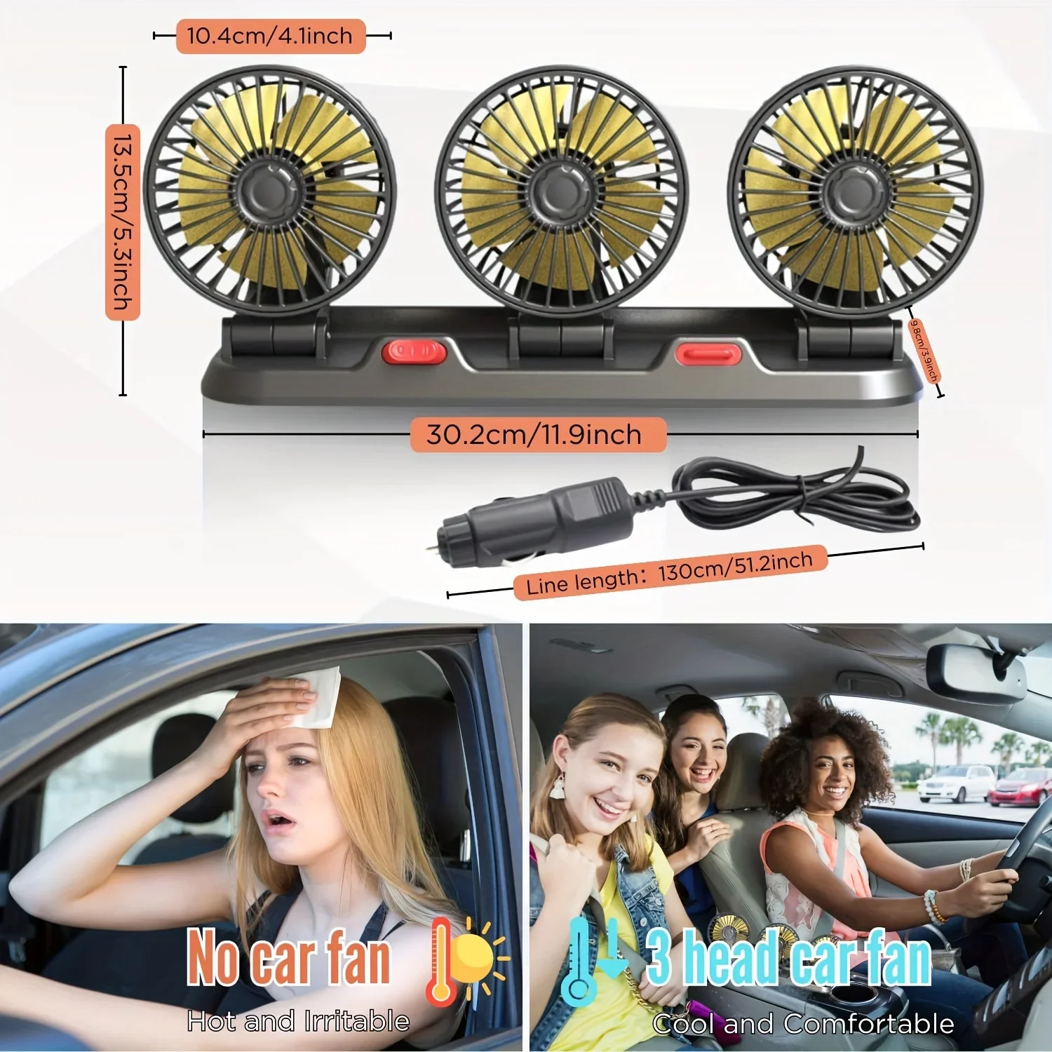 Ventilador de refrigeración para automóvil 360 ° Ventilador de coche de tres cabezales ajustable, ventilador eléctrico automotriz de bajo ruido sin escobillas de 5V/12V/24V para tablero RV camión