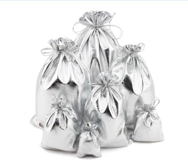 50pcs/lot 11x16 13x18 15x20 17x23cm Golden/Silver Color Drawstring Organza bag Christmas Wedding Jewelry Packaging bags