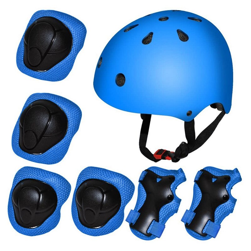 Casco de seguridad para niños, conjuntos de rodilleras para ciclismo, patines y rodilleras, Protector de 7 piezas para niños y niñas, deportes al aire libre: Azul