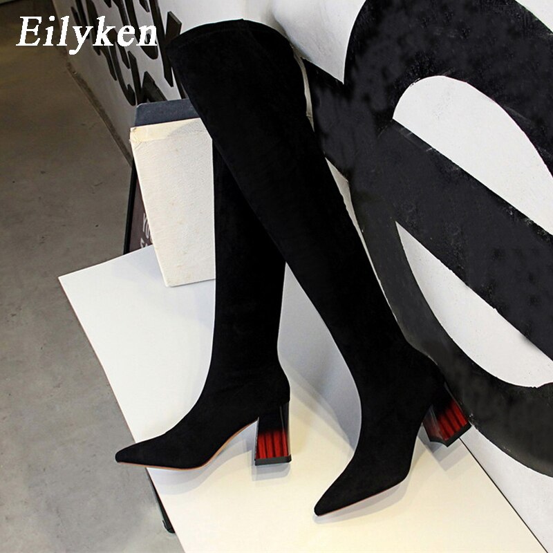 Eilyken – cuissardes à talons épais pour femme, bottes chaudes à enfiler, en daim élastique, cuissardes hautes, taille 34 à 40, collection automne-hiver 2022