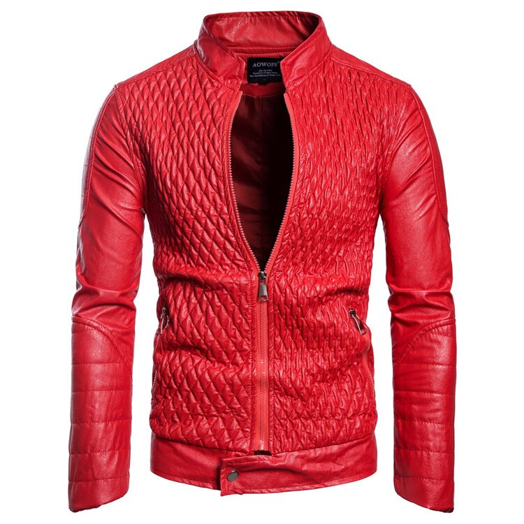 Nueva chaquetas de cuero rojo para hombre Abrigos de cuello alto diamante entramado motocicleta PU prendas de vestir exteriores para hombre chaqueta de abrigo de ropa: Rojo / S