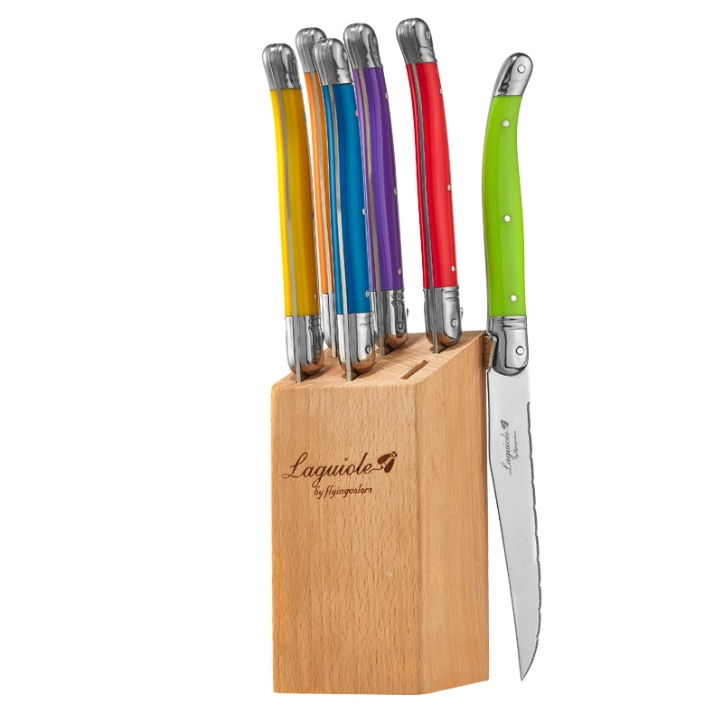 Conjunto de facas de bife de aço inoxidável, 6 peças/7 peças, facas de bife laguiole com suporte de madeira, faca de jantar de aço colorida, conjunto de talheres de natal: MULTI