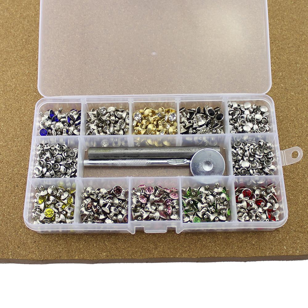 360pcs 7mm Colorful Rhinestones Rivets For Leather Craft Copper Spikes DIY Clothes Bags Crystal Rivets Accessory With Tools