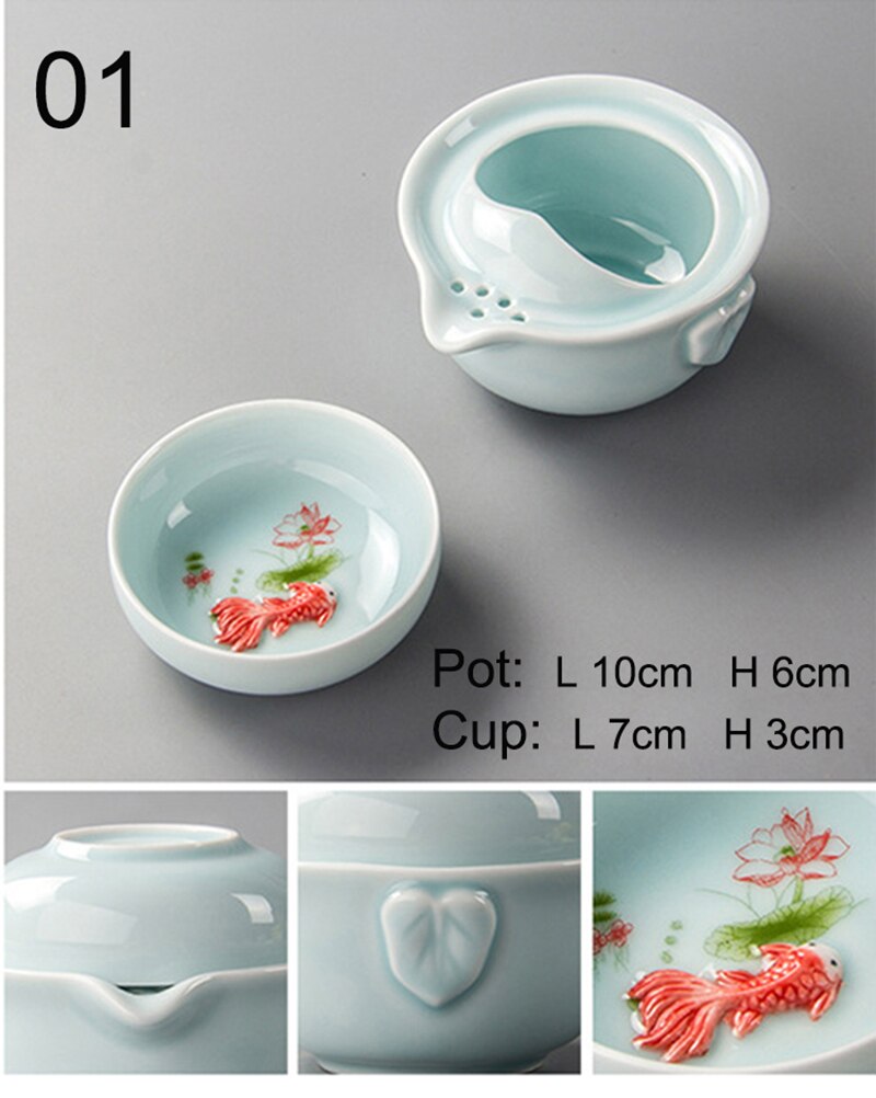 Celadon 3D Carp Travel tea set,Blue gaiwan tea set,Kung Fu Tea set Include 1 TeaPot 1 Cup,Beautiful and easy teapot