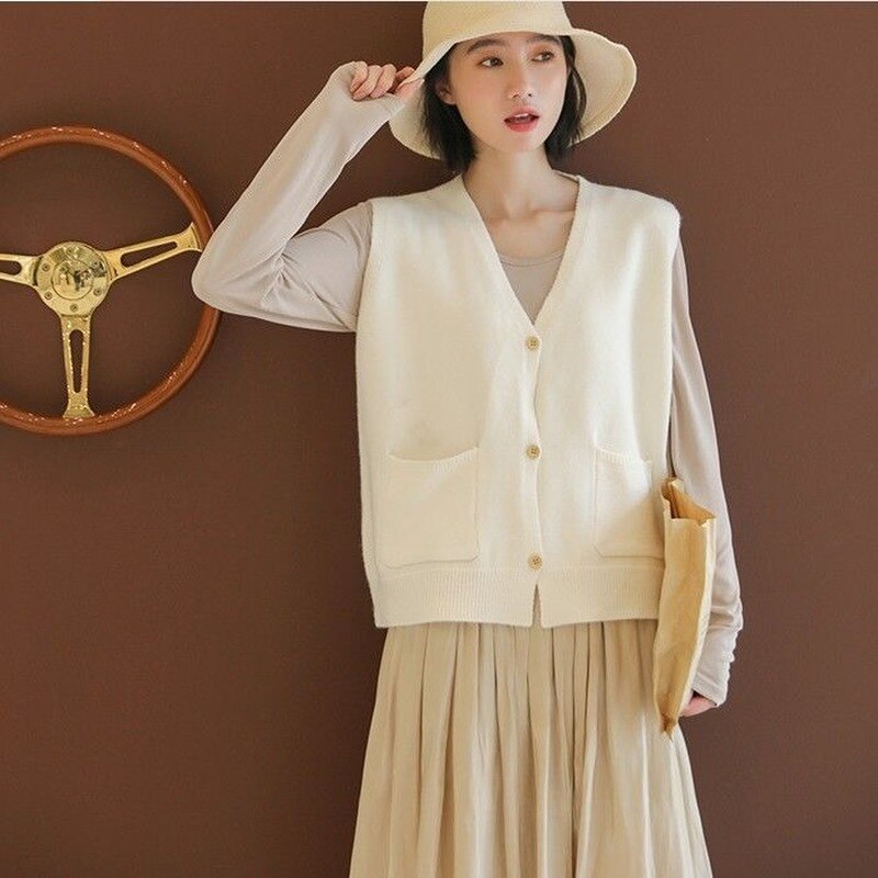 Swetry kamizelki damskie solidne pojedyncze piersiowe luźne studenci kolorowe kieszenie koreańskie kobiece modne bez rękawów eleganckie wszystkie mecze nowe ins