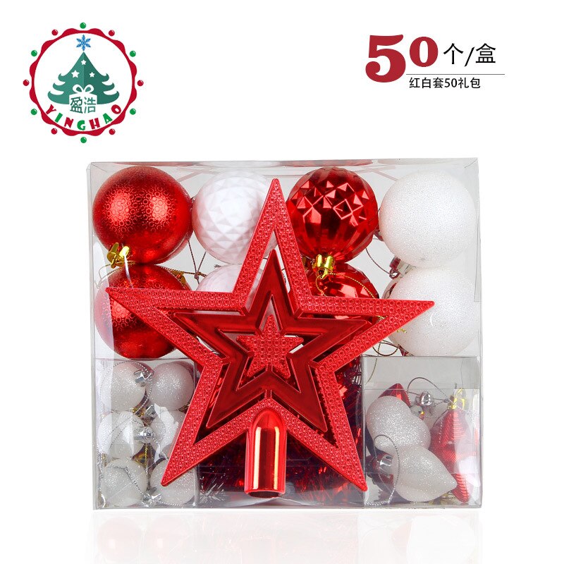 90 Stks/set Kerstballen Met Boom Top Sparkle Sterren Opknoping Bal Kerstballen Sneeuwvlok Kerstboom Decoratie Ballen Ornament: 50 pcs red