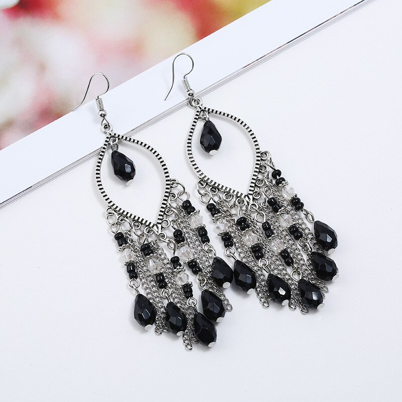 Boho Colorful Resin Beads Tassel Dangle Earrings for Women Long Bohemia Acrylic Earrings Jewelry Accessories: E1591-Black