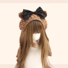 Handgemaakte Lolita Kawaii Meisje Kameel Beer Oor Met Strik Warme Wollen Muts Winter Ear Muff Gebreide Cap D559