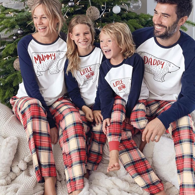 Christmas Family Costumes Suits Mom Dad Girls Boys Party Vetement Bear Pajamas Printed Long Sleeve Tops Plaid Pants Clothes Sets: DAD L