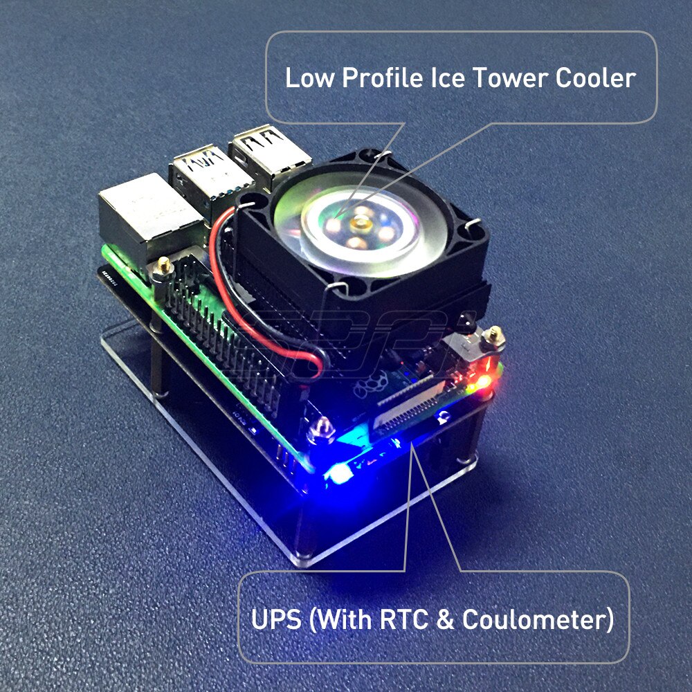 52Pi noir profil bas tour de glace ventilateur de refroidissement boîtier en métal 7 couleurs rvb changeant lumière LED avec support pour framboise Pi 4B/3B +/3B