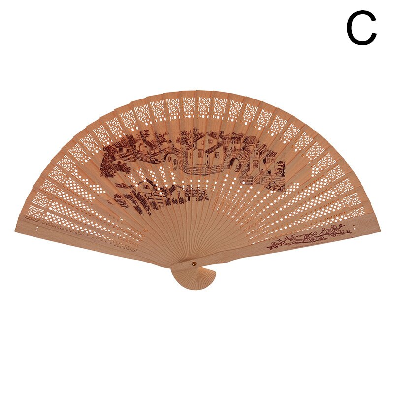 Chinese Folding Fan Incense Wood Hand-cranked Fan Sandalwood Hollow Hand-held Fan Wood Carving Printing Decorative Craft Fan: C
