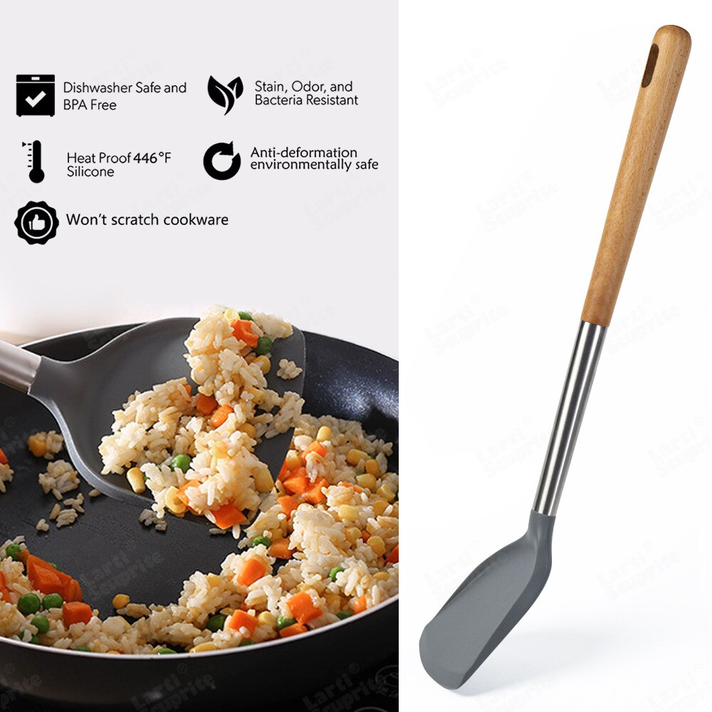 Kit d'ustensiles de cuisine en Silicone, ensemble d'outils de cuisine, accessoires allongés manche en bois massif, spatule cuillère Kit avec ustensiles de rangement