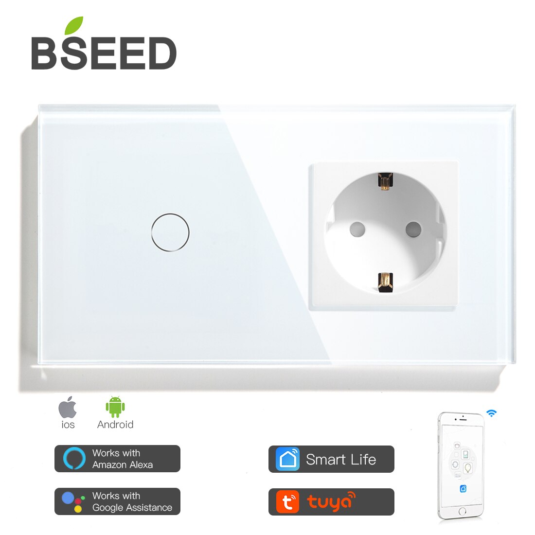 Bseed Mvava Wifi Touch Switch 1Gang 2Gang 3Gang Met Normale Eu Socket Zonder Wifi 3 Kleur Kristal glazen Paneel Smart Switch Alleen: White 1 Gang