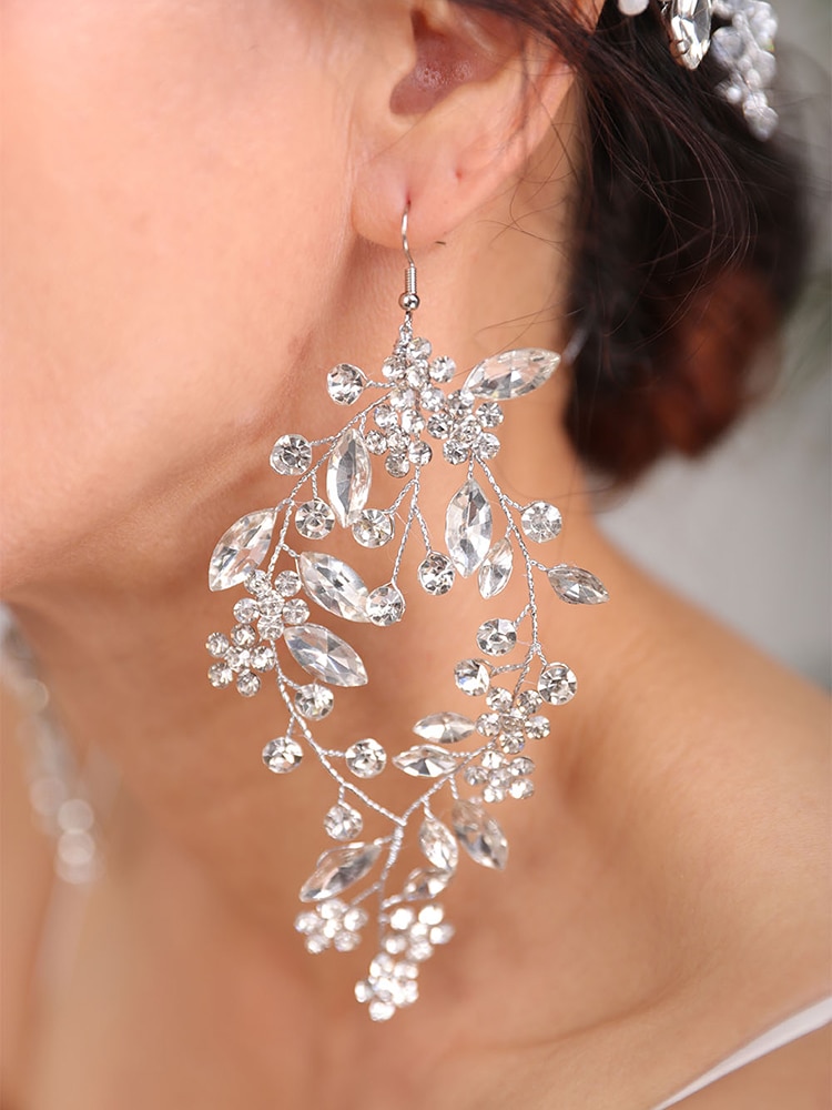 Peinados de boda, tocado de plata, joyas de diamantes de imitación para la cabeza, diadema de cristal y pendientes, conjunto de accesorios para el cabello nupcial