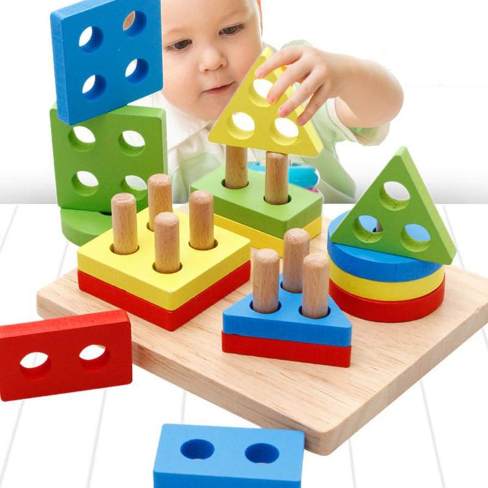 Di legno A Quattro-Colonna del Set di Blocchi Geometrici Intelligenza A Bordo Per Bambini Educativi Colonna del Set di Forma Precoce Educazione Giocattolo