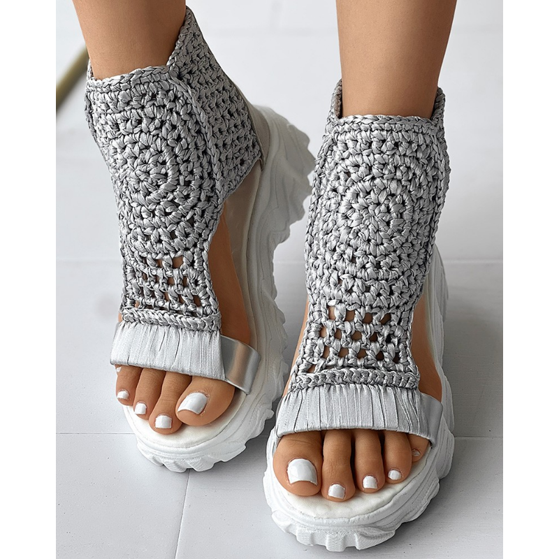Sandaler kvinnor flätade geometriska kilstickade elastiska sommarskor mesh platta ihåliga plattformsandaler