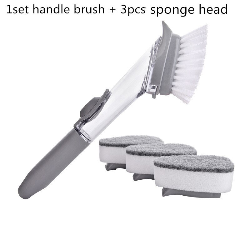 Kitchen cleaning tools 2 in 1 long handle cleaning brush with removable brush sponge sponge dispenser dishwashing brush set: 1 set and 3 sponge