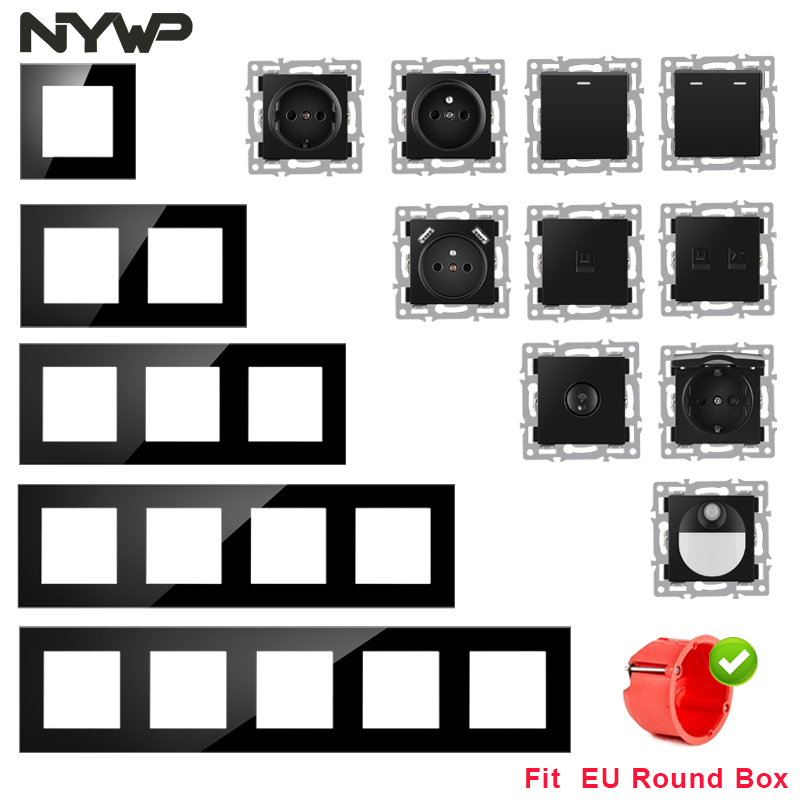 NYWP wall-mounted module diy European standard black tempered crystal glass panel socket LED light switch button function combi