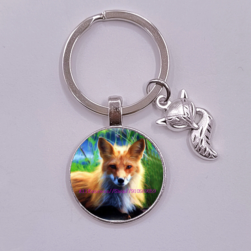 Porte-clés en verre, renard et fleur de dessin animé pour femmes, joli Animal coloré pour filles: Marron