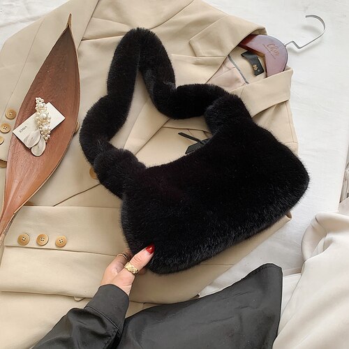 Pluche dames schoudertassen, snoep dames crossbody tassen, luxe bont crossbody tas, flap dames portemonnee: Zwart