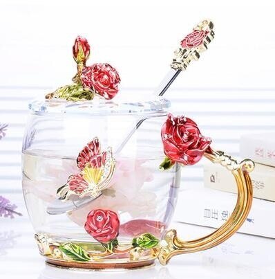 Rose Blossom En Strass Versierd Emaille Koffie Cup Beker Bloem Thee Glas Melk Cups Legering Handgreep Kopjes En Mokken: E