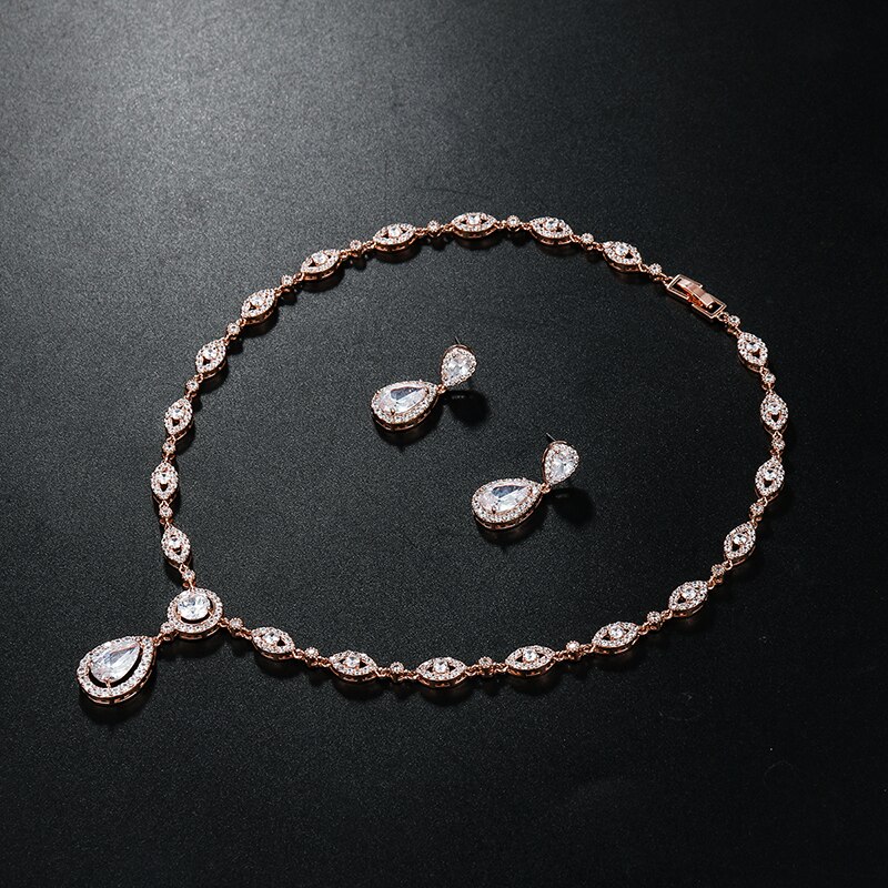 WEIMANJINGDIAN Halo Teardrop and Eye Shape Cubic Zirconia Necklace Earring Wedding Jewelry Set