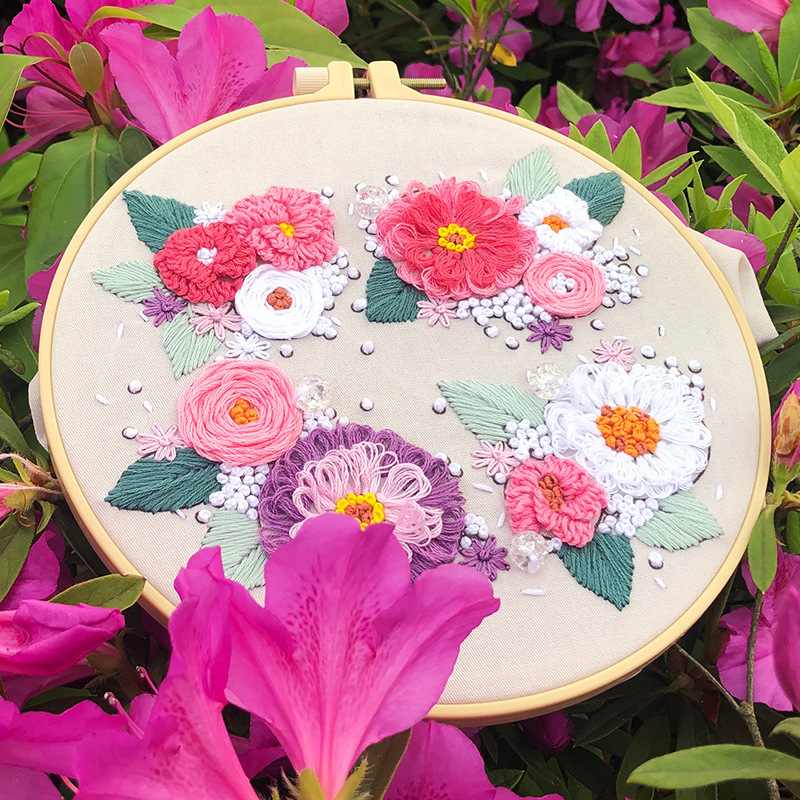 DIY Flower Embroidery Kit for Beginner with Hoop Cross Stitch Set Needlework Handmade Sewing Art Craft Painting Home Decor