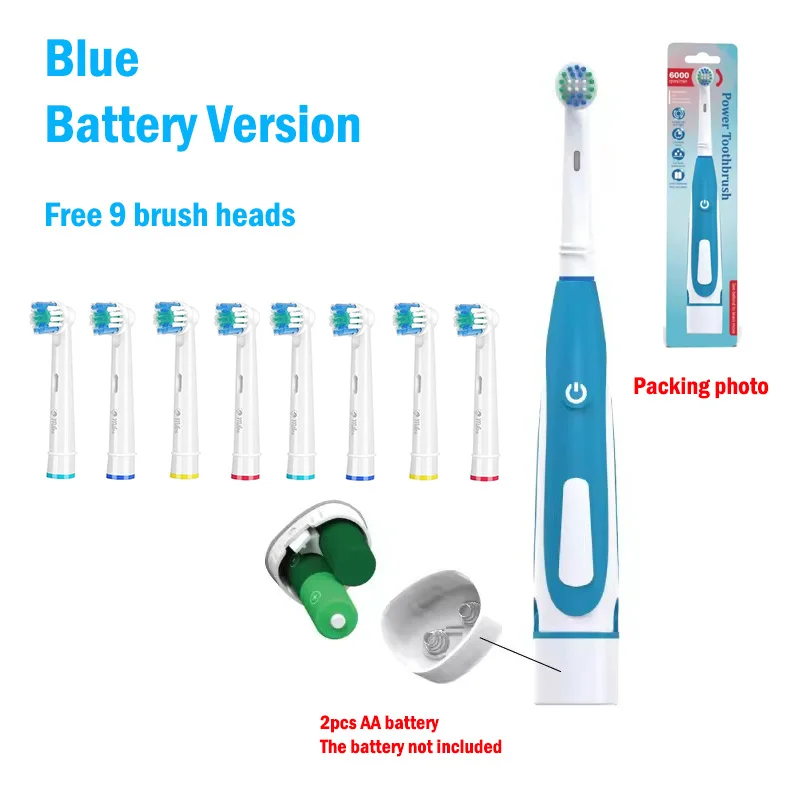 Cepillo de dientes eléctrico sónico redondeado, cepillo de dientes vibratorio 3D, rotación, cuidado de las encías, cabezales de cerdas suaves, batería, blanqueamiento dental: Azul