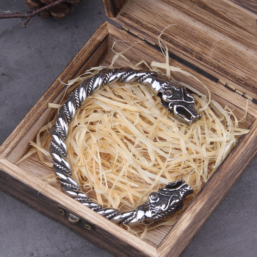 Pulsera de dragón de vikingo nórdico de acero inoxidable, pulsera ajustable para hombre, brazalete con caja de madera vikinga