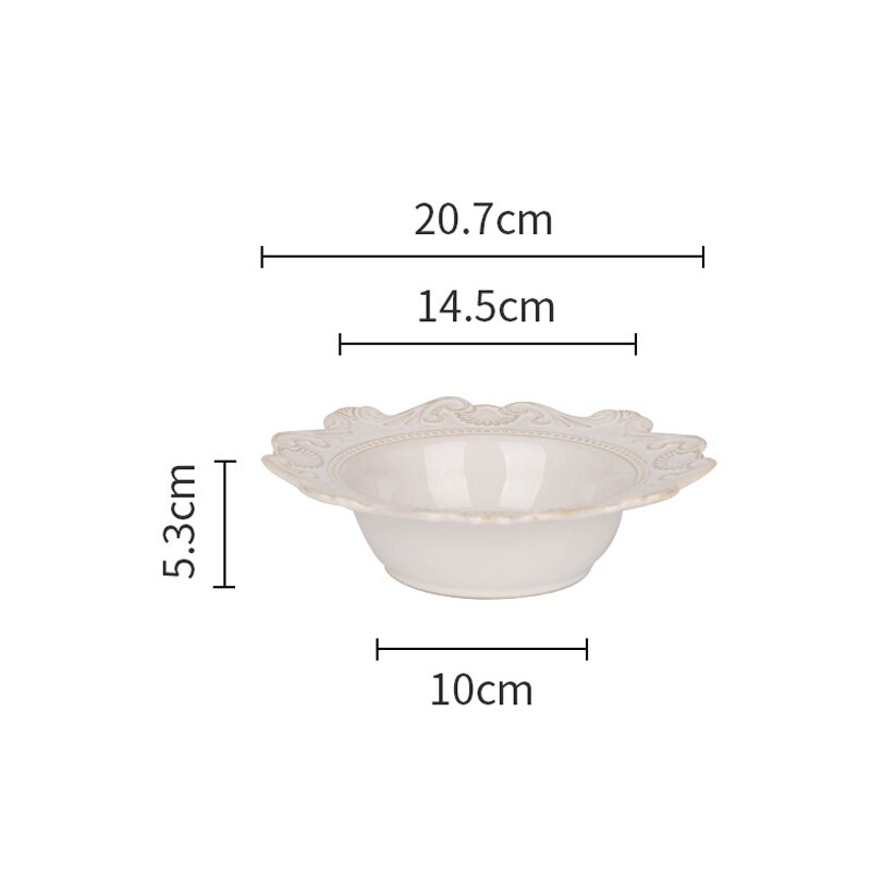 European retro ceramic dinner plates embossed Blue White Dinnerware porcelain dessert cake plate round bowls kitchen Tableware: 8inch bowl White