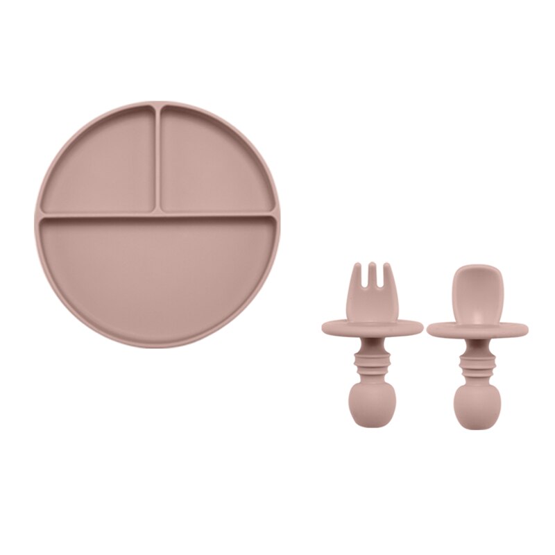 Solid Silicon Plate Set For Baby Kids Training Feeding Dinnerware Baby Learning Plate Set With Fork Spoon BPA Free: 3PCS Brown
